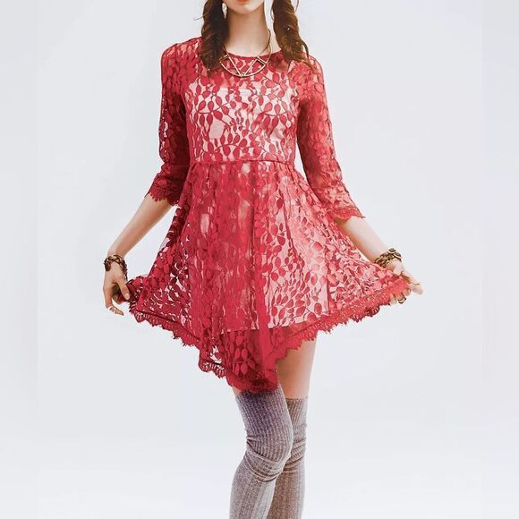 Free People Floral Mesh Lace Dress Red Size 6 - Picture 15 of 15